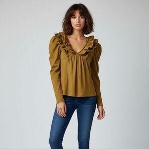 Anthropologie Mustard Yellow Ruffle V-NeckPuff Sleeve Top - Size M